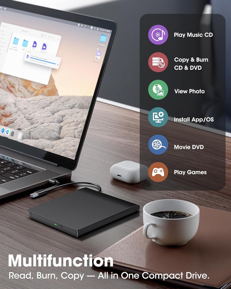 ROOFULL External CD DVD Drive for Laptop, USB 3.0 Type-C CD DVD Disc Reader Writer Burner, USB-C Portable CD DVD Player for Windows 11/10/7 PC Apple Mac MacBook Linux Computer, RF21-MAS - Image 5